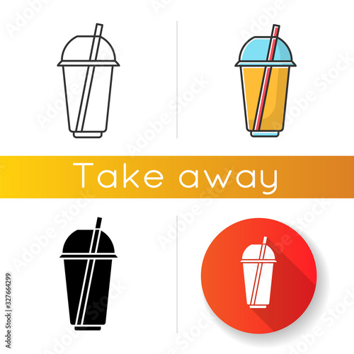 Disposable plastic cup icons set. Linear, black and RGB color styles. Transparent mug for cold drink, soda, juice with dome lid and straw. Beverage container. Isolated vector illustrations