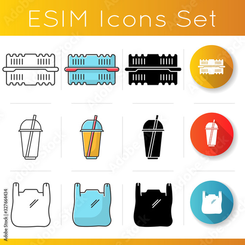 Take away food packages icons set. Plastic bag with handles, cold drink disposable cup, container for salad. Takeout meal packing. Linear, black and RGB color styles. Isolated vector illustrations