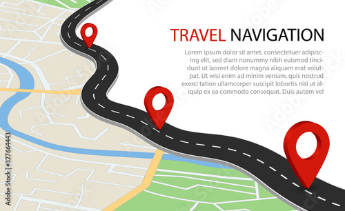 Flat map with road. Gps navigation with point for travel. Simple information background of city with river. Plan of route for transport with orientation point. Scheme map from satellite. vector