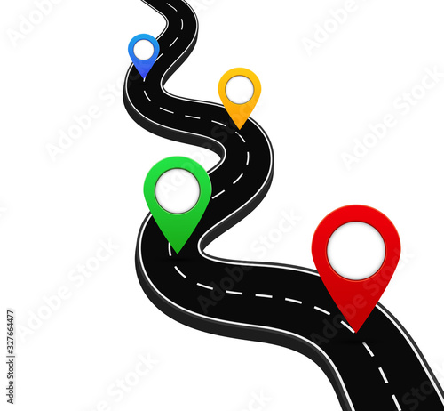 3d road with gps navigation pin. Route road with point for direction in travel. Marker location on street of city. Destination of path. Plan of way with orientation poin. Journey concept. vector.