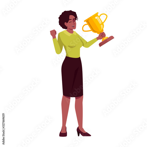 Professional recognition semi flat RGB color vector illustration. Businesswoman with trophy victorious gestures isolated cartoon character on white background. Goal achievement award