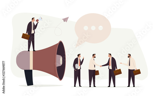 Business advertising promotion concept. Promoter standing on big megaphone talking to the investors. Advertisement marketing. Modern flat vector illustration.