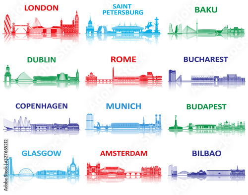 Host cities landmarks silhouette. European championship.