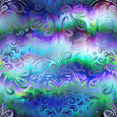 Surreal ombre blend of purple green and blue with digital vintage damask pattern overlay. Soft flowing surreal fantasy graphic design. Seamless repeat raster jpg pattern swatch.