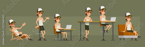 Cartoon funny cute hipster farmer boy character in shorts and glasses. Ready for animations. Working on laptop and resting with coffee on sofa. Isolated on green background. Big vector icon set.