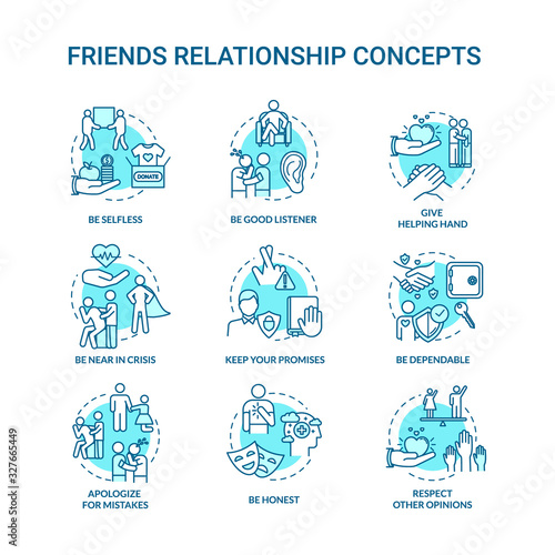 Best friends relationship concept icons set. Friendship advices. Dependable, honest and selfless idea thin line RGB color illustrations. Vector isolated outline drawings. Editable stroke