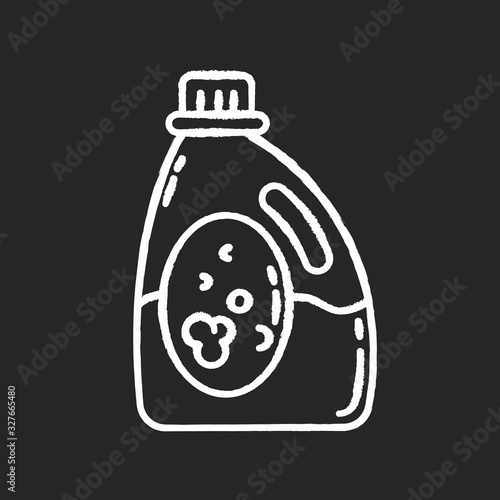 Laundry detergent chalk white icon on black background. Cleaning product package, liquid whitener, linen bleach bottle. Clothes cleanser, stain remover. Isolated vector chalkboard illustration