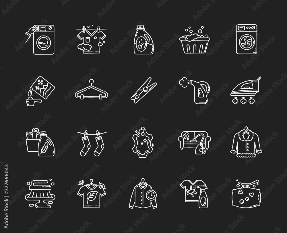 Laundry types and equipment chalk white icons set on black background ...