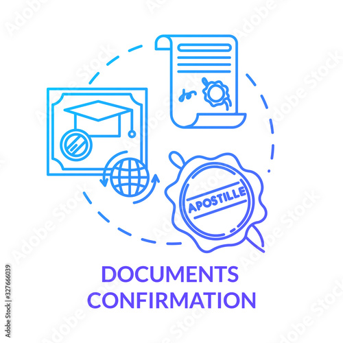 Document confirmation blue concept icon. Check quality of report. Common law paperwork. Approved certificate. Notary service idea thin line illustration. Vector isolated outline RGB color drawing