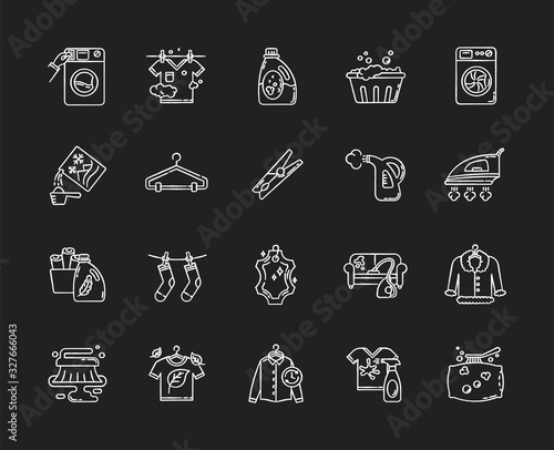 Laundry types and equipment chalk white icons set on black background. Laundromat, wet and dry cleaning, express laundry. Washing and ironing appliances. Isolated vector chalkboard illustrations