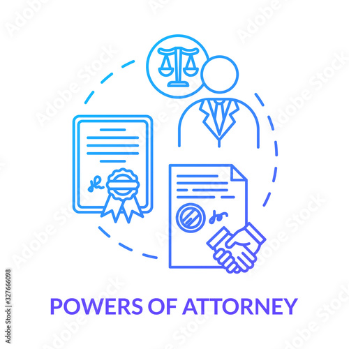Powers of attorney blue concept icon. Personal affair. Legal representative. Seal business deal with third party. Notary service idea thin line illustration. Vector isolated outline RGB color drawing