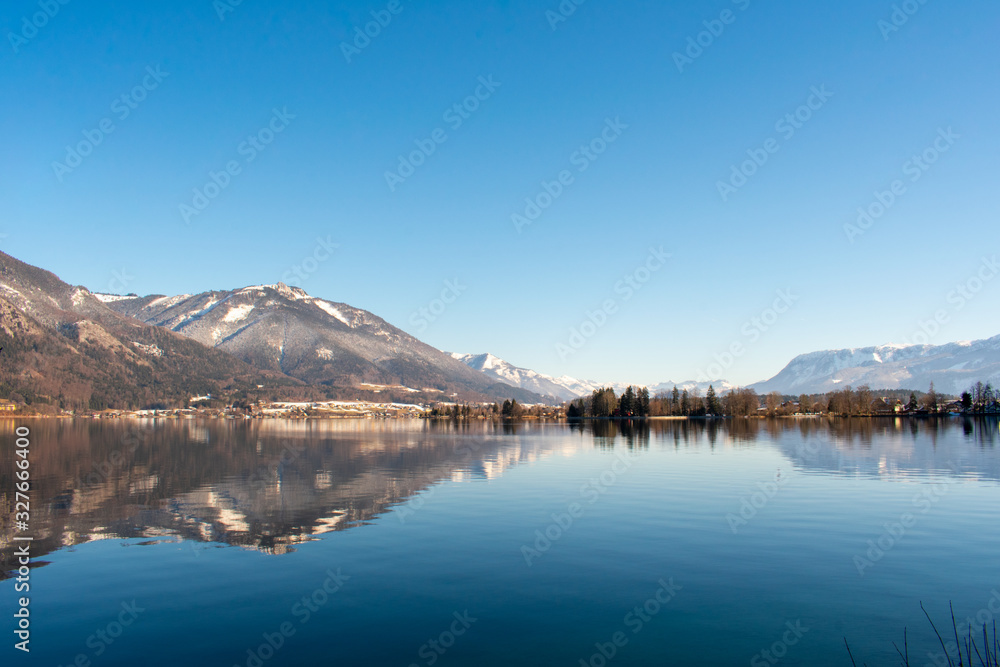 Beautiful winter landscape, mountains and lake in Berchtesgaden, Germany. Bavarian alps covered  with snow 