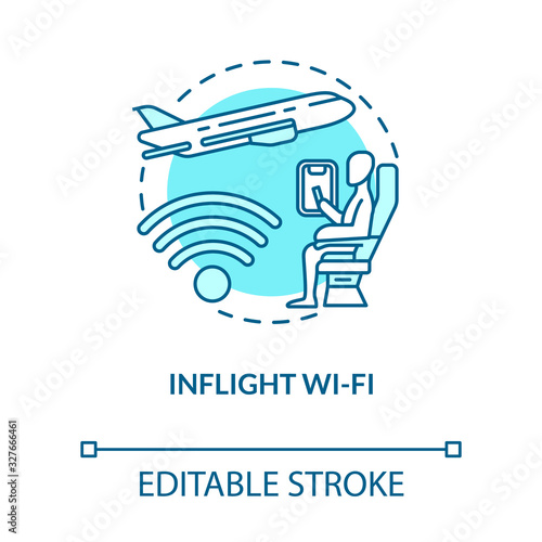 Inflight wifi turquoise concept icon. Airplane service. Internet onboard. Free wireless coverage. Roaming idea thin line illustration. Vector isolated outline RGB color drawing. Editable stroke