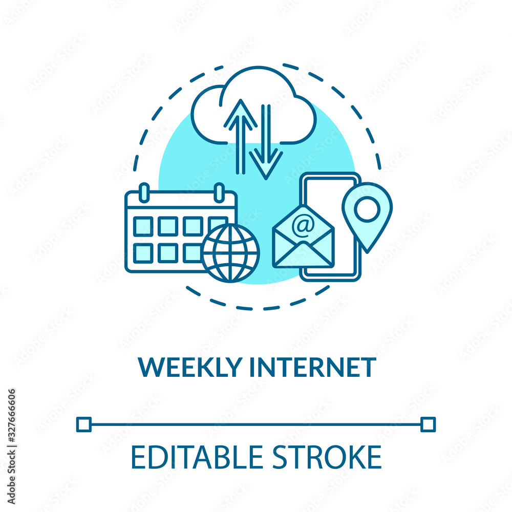 Weekly internet turquoise concept icon. Wireless connection. Network coverage. Mobile application. Roaming idea thin line illustration. Vector isolated outline RGB color drawing. Editable stroke Weekly internet turquoise concept icon. Wireless connection. Network coverage. Mobile application. Roaming idea thin line illustration. Vector isolated outline RGB color drawing. Editable stroke