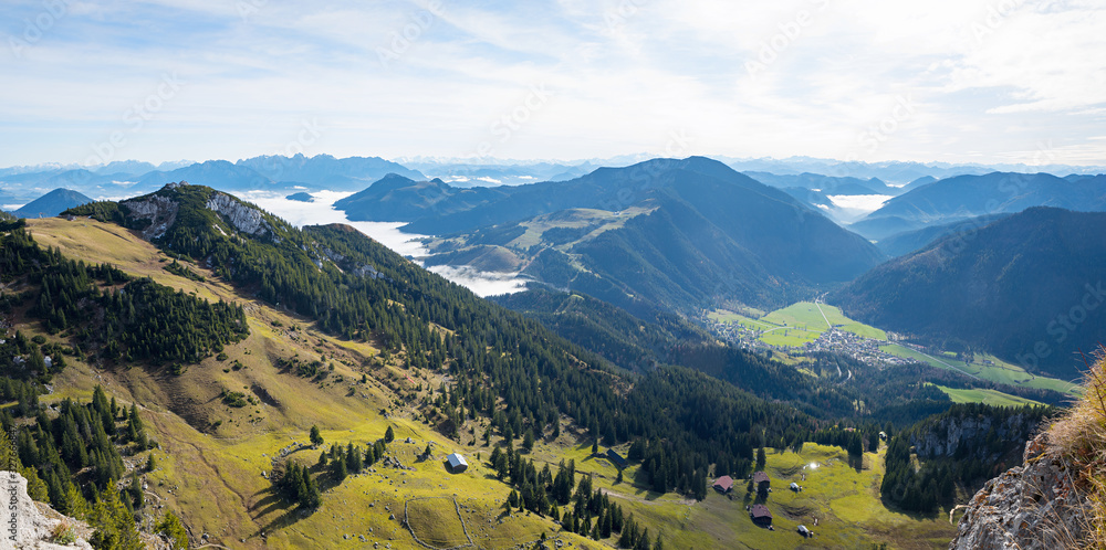 panorama view from Wendelstein mountain, green pasture in the bavarian alps and valley