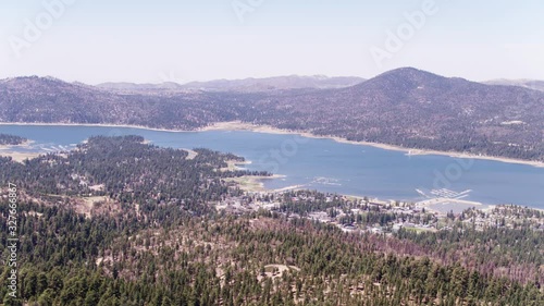 Wide aerial, open Big Bear Lake in California