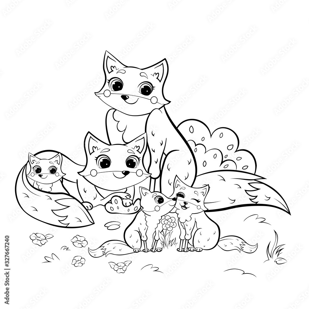 Cute cartoon wild fox family vector coloring page outline. Male and female  foxes with their pups. Coloring book of forest animals for kids. Isolated  on white background Stock Vector | Adobe Stock