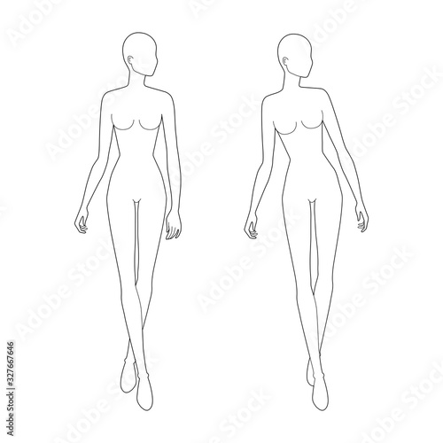 Fashion template of walking women looking right. 