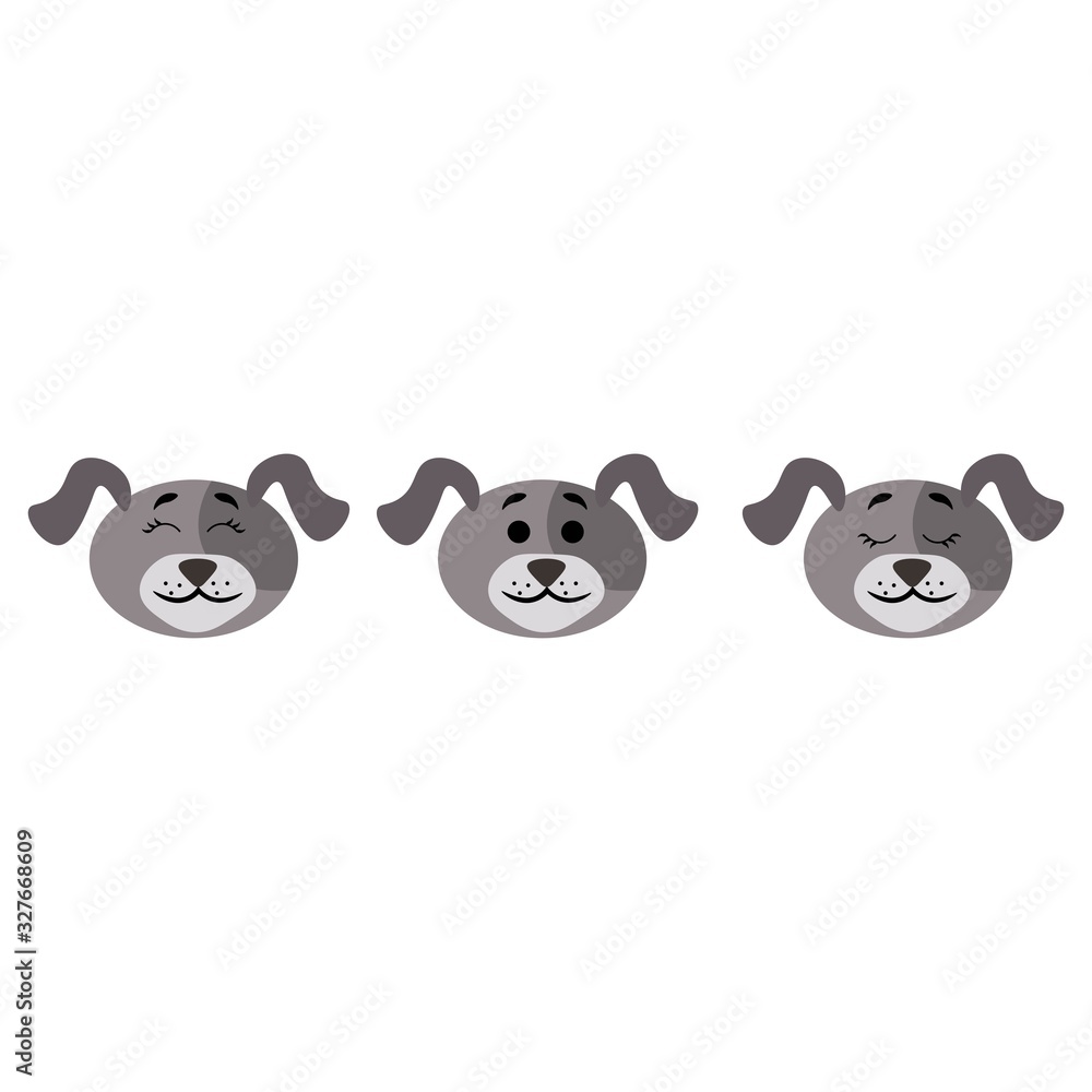 Obraz premium Dog face with open and closed eyes isolated on white background. Stock vector illustration for decoration and design, postcards, fabrics, packaging, children textiles, poster, banner, books.