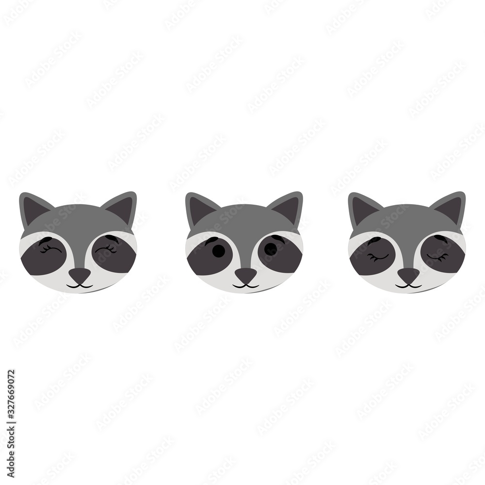 Raccoon muzzles with open and closed eyes isolated on white background. Stock vector illustration for decoration and design, postcards, fabrics, packaging, children's textiles, poster, banner, books