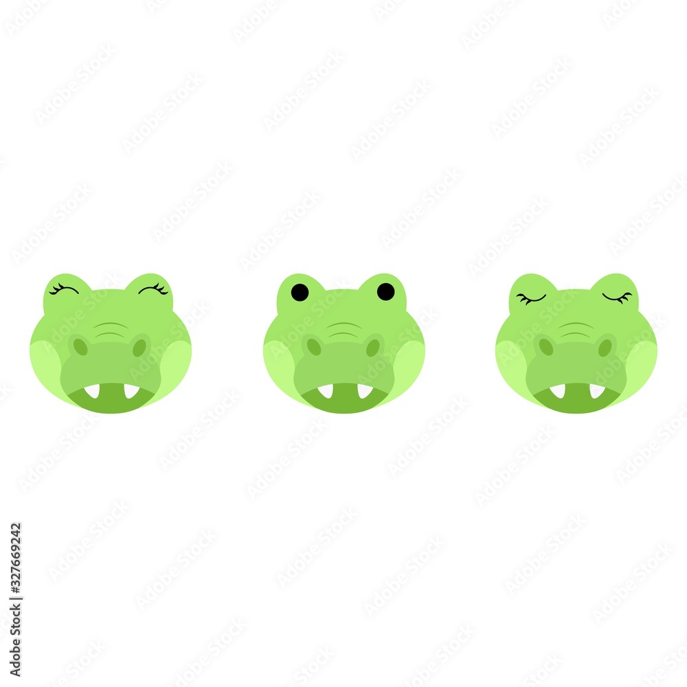 Obraz premium Crocodile face with open and closed eyes isolated on white background. Stock vector illustration for decoration and design, postcards, fabrics, packaging, baby textiles, poster, banner, books.