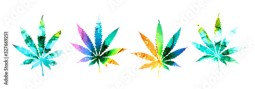 set Cannabis or marijuana leaf multi-colored icon , mixed media. Vector illustration