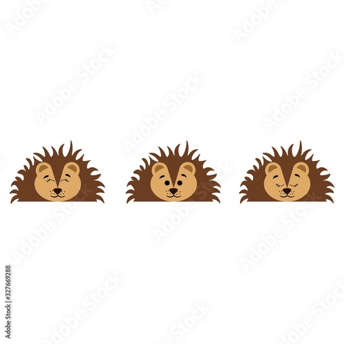 Muzzle of a hedgehog with open and closed eyes isolated on white background. Stock vector illustration for decoration and design, postcards, fabrics, packaging, baby textiles, poster, banner, books.