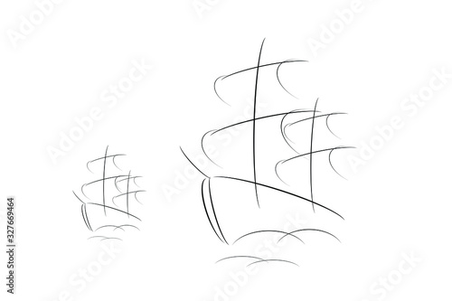 Abstract Black and White Sailboat. Sea Waves and Ships Isolated on White Background.