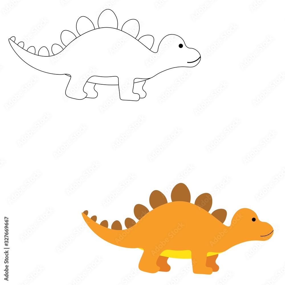 Fototapeta premium Cute dinosaur outline and in color isolated on a white background. Jurassic animals. Stock vector illustration for decoration and design, children's books and coloring books, stickers, fabrics