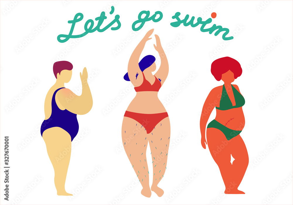 Happy plus size girls wearing swimming suits and bikini and calling you to  go swimming. Body