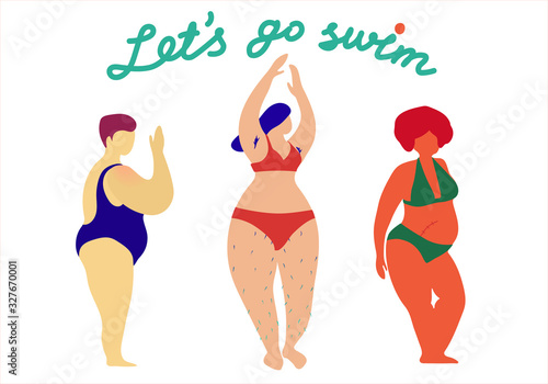 Happy plus size girls wearing swimming suits and bikini and calling you to go swimming. Body positive feminism concept with curvy girl, woman with body hairs and one with scars on her belly.