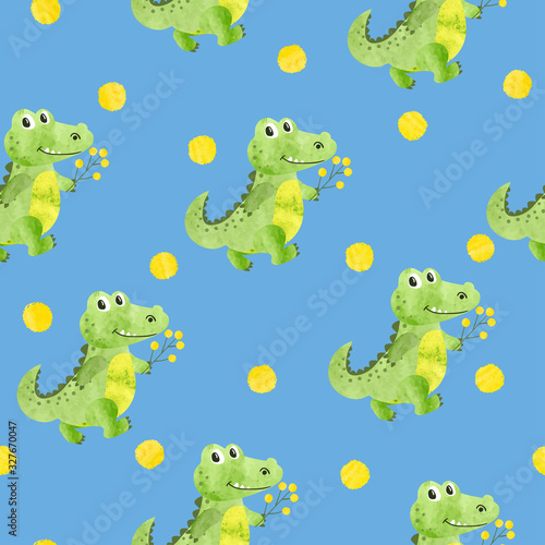Seamless pattern with cute watercolor crocodiles for kids.