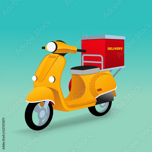 Yellow Scooter Delivery. Old style motorbike, city motorcycle, trendy electric bike, delivery moped. Personal transport vehicle collection isolated vector illustration