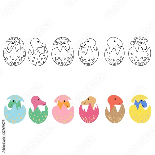 Fototapeta Naklejka Na Ścianę i Meble -  Set of cute hatched dinosaurs in eggs in color and outline isolated on a white background. Jurassic period. Stock vector illustration for decoration and design, postcards, fabrics, packaging, coloring
