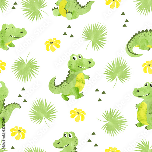 Seamless cartoon crocodiles pattern. Vector watercolor illustration with alligators and palm leaves.