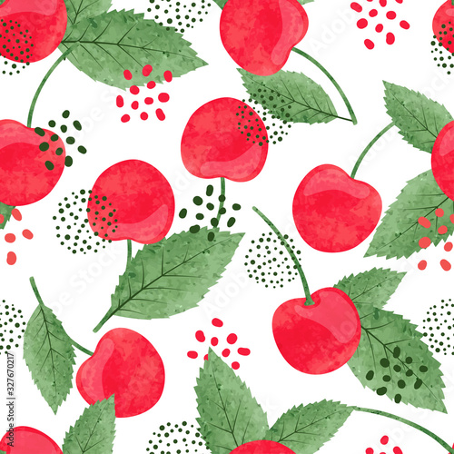 Seamless cherry pattern. Vector watercolor illustration of berries and leaves.