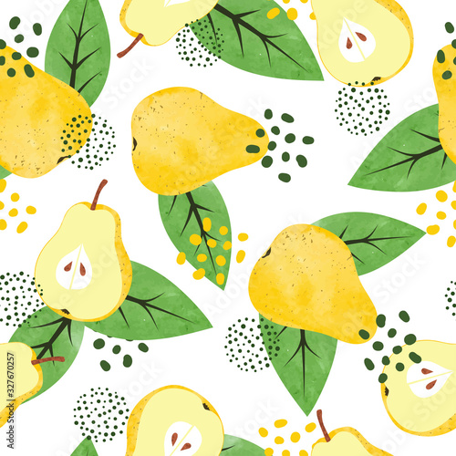 Seamless watercolor pears pattern. Vector yellow fruit background.