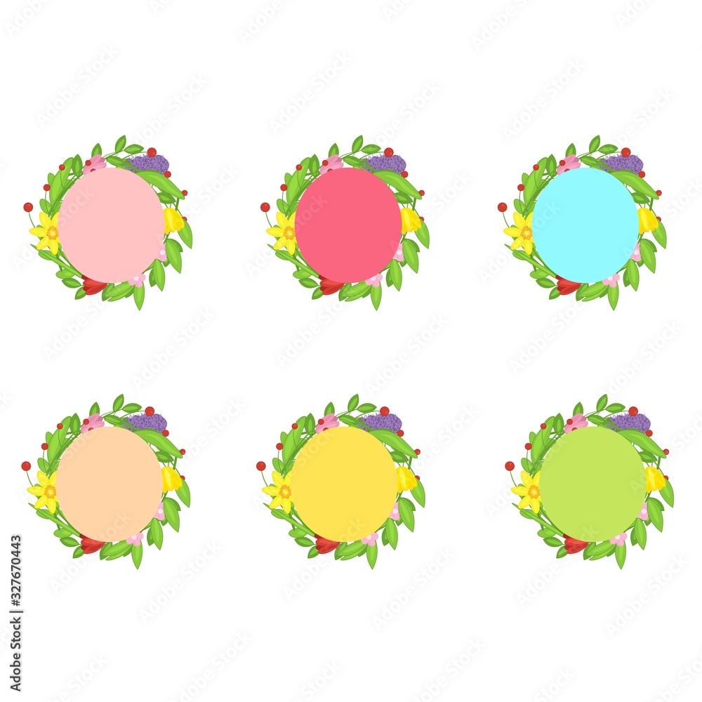 Set of round pastel frames from spring flowers in flat style isolated on white background. Greeting card for Women's Day, place for text. Stock vector illustration for decoration and design, packaging Set of round pastel frames from spring flowers in flat style isolated on white background. Greeting card for Women's Day, place for text. Stock vector illustration for decoration and design, packaging