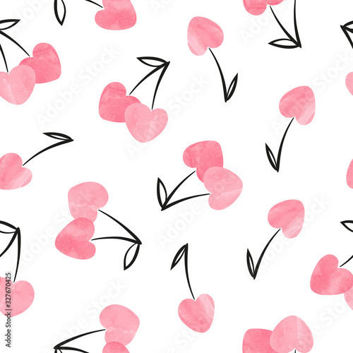 Seamless pink heart shaped cherry pattern, Valentine day illustration.