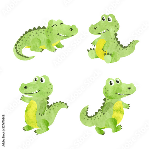 Set of watercolor cartoon crocodiles. Vector illustration of alligators. 