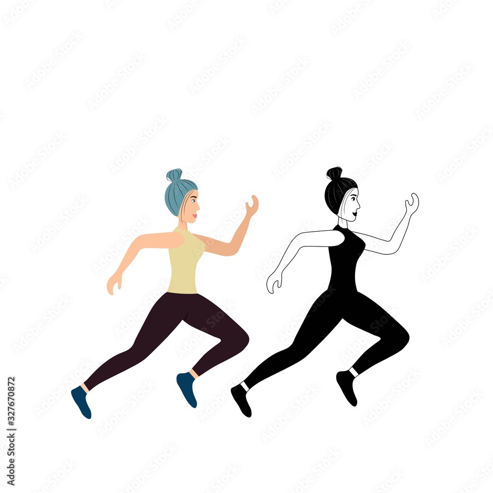 Running cute girl isolated on a white background. Silhouette of a female sprinter. Runners in motion. Preparing for the marathon. Jogging. Sportswomen in a flat style. Stock vector illustration