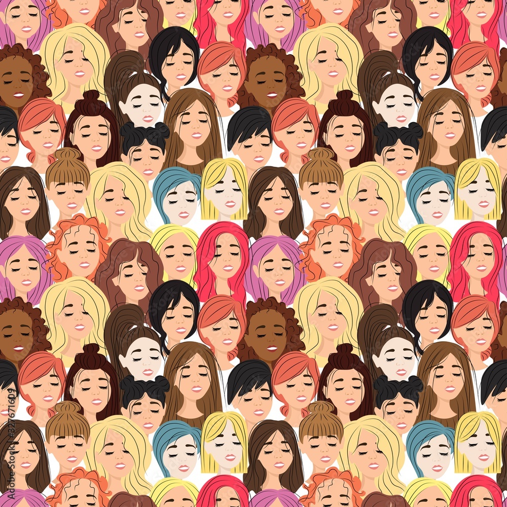 Seamless pattern with smiling young girls and closed eyes on a white background. Women with different hairstyles, long and hair color. Stock vector illustration for decoration and design, fabrics Seamless pattern with smiling young girls and closed eyes on a white background. Women with different hairstyles, long and hair color. Stock vector illustration for decoration and design, fabrics