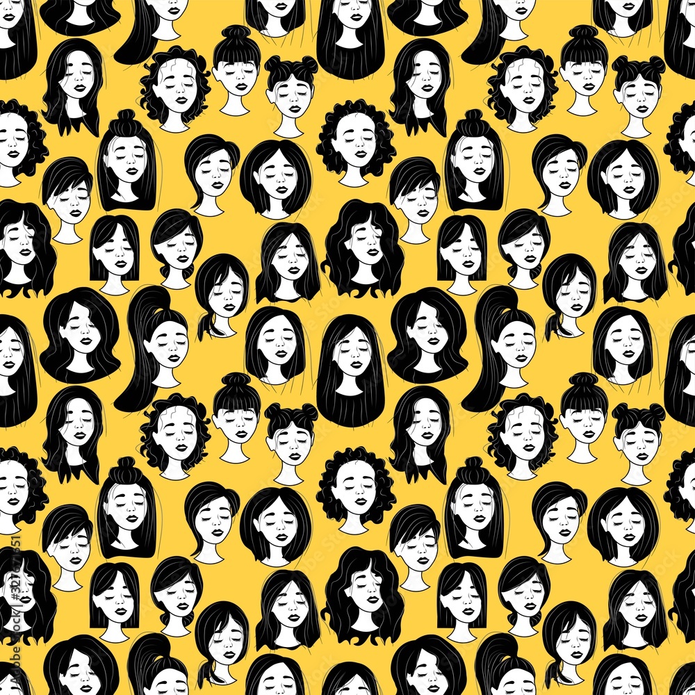 Seamless pattern with smiling young girls in outline on a yellow background. Women with different hairstyles and long hair. Stock vector illustration for decoration and design, fabrics, web pages