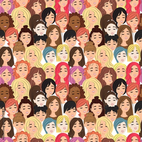 Seamless pattern with smiling young girls and closed eyes on a white background. Women with different hairstyles, long and hair color. Stock vector illustration for decoration and design, fabrics