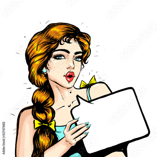 Pop art retro style comic book panel with fashion beautiful girl talking nonsense small talk chatter in speech bubble vector poster design illustration