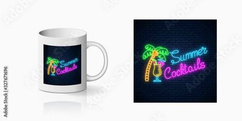 Neon summer cocktail bar sign for cup design. Glowing gas advertising with pina colada alcohol shake and palm