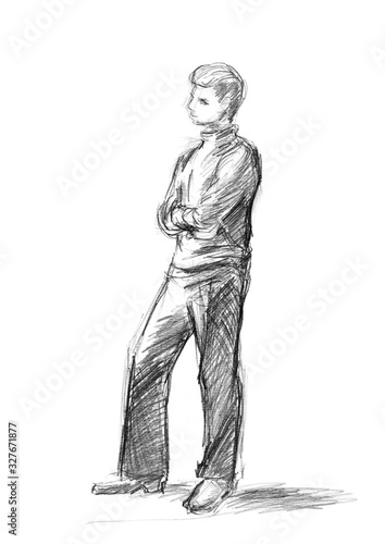 A rough sketch of a standing young guy in clothes, arms crossed. Pencil drawing on white paper. © Tanya