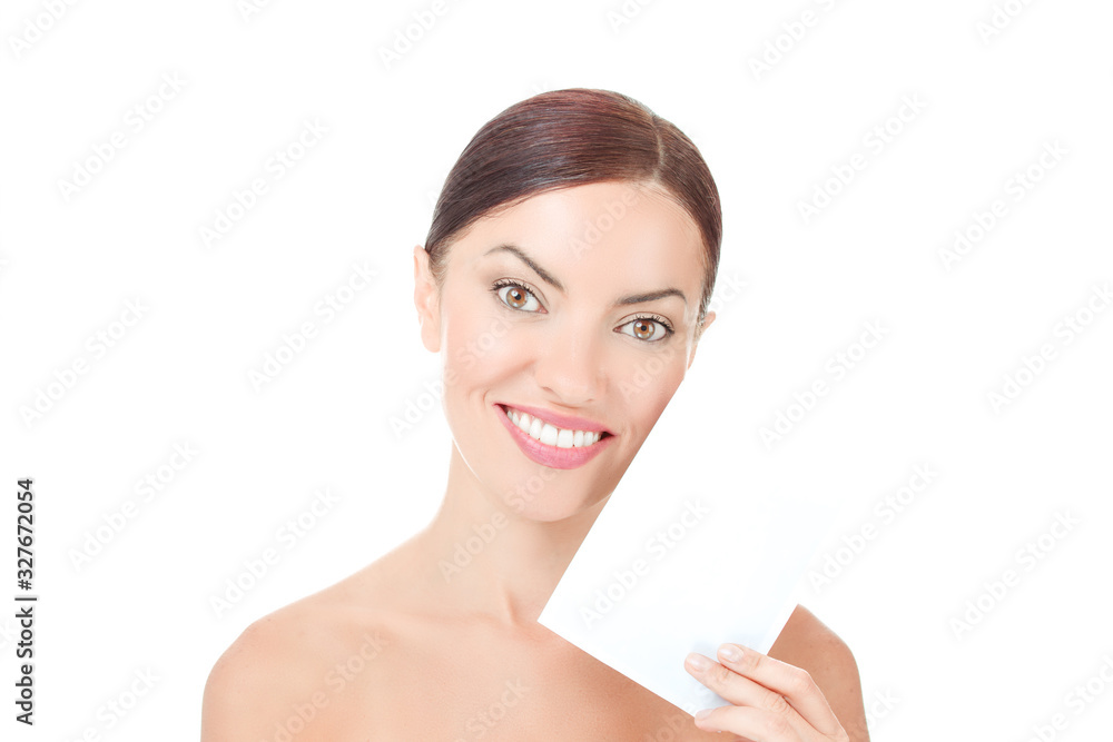woman show blank card isolated on white background woman show blank card isolated on white background