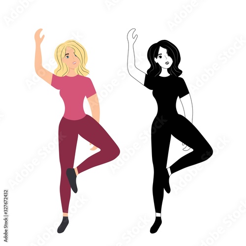 Cute young girl dancing with raised leg and arm isolated on a white background. Women's club of dancers. Jump up. Disco dancing at a music party. Happy man on the positive. Stock vector illustration