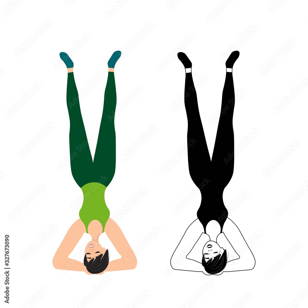 Fototapeta premium Female yoga. Young girl meditates isolated on a white background. Headstand. The practice of yoga, asanas. A woman goes in for sports. Happy man on the positive. Stock vector illustration for design.
